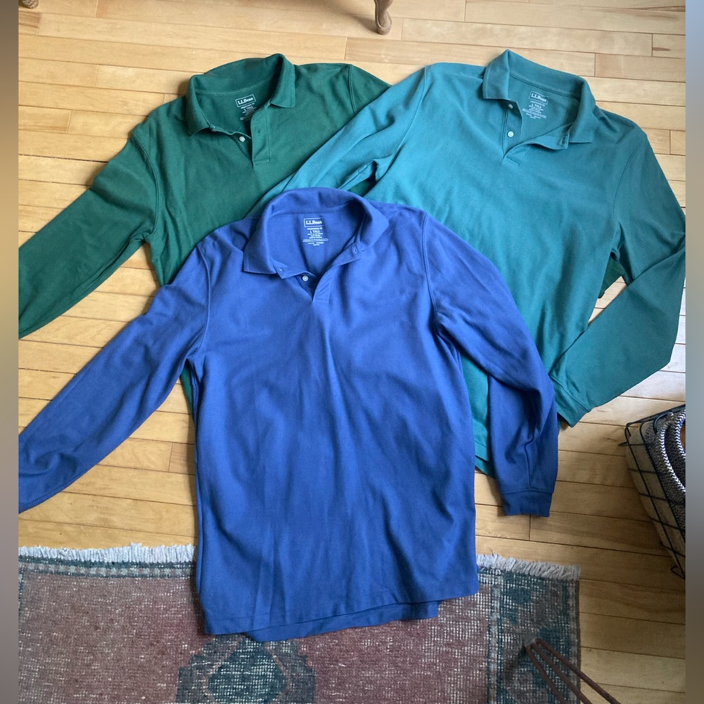 three LL Bean long-sleeved polos size L Tall